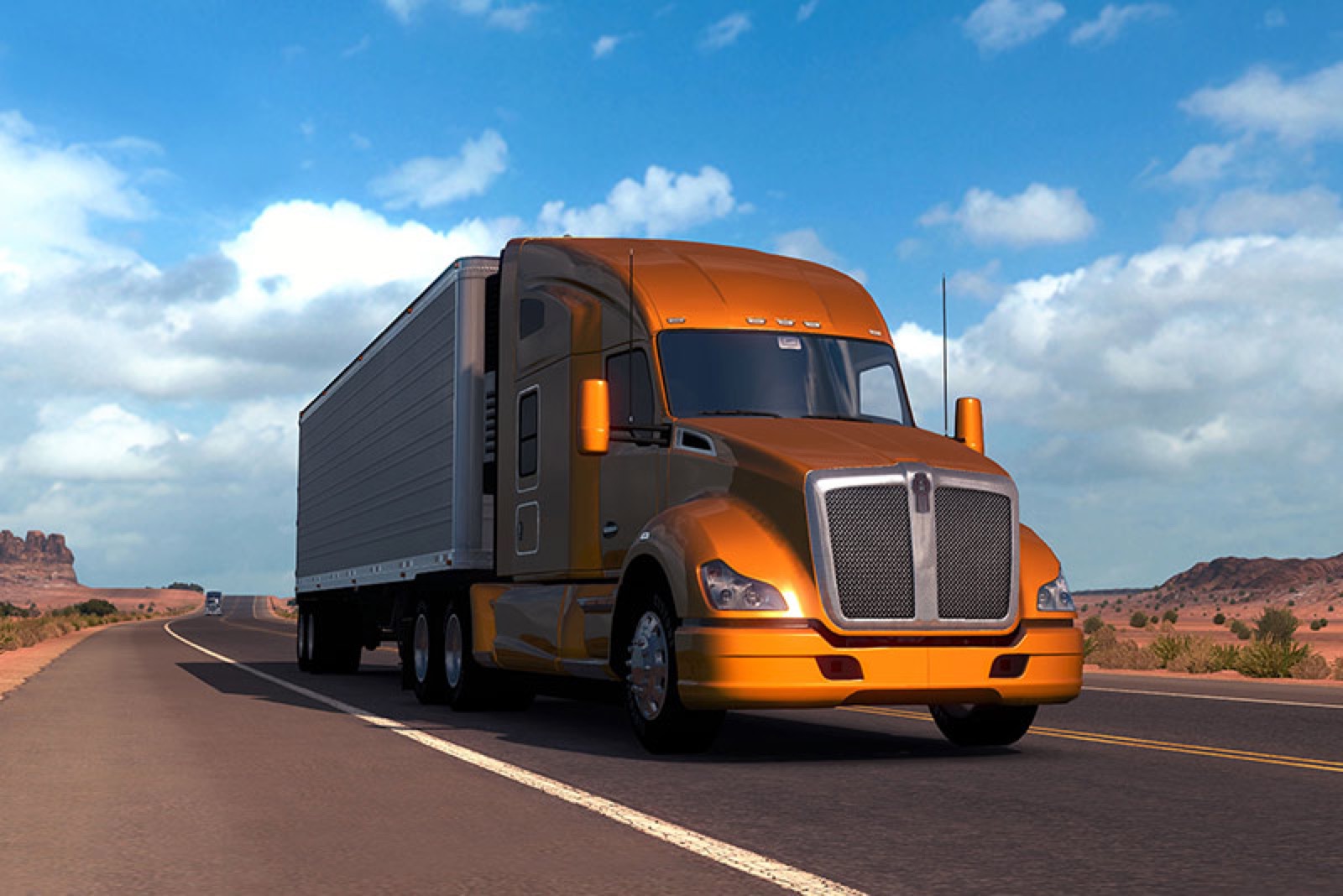 Orange semi truck on an open highway